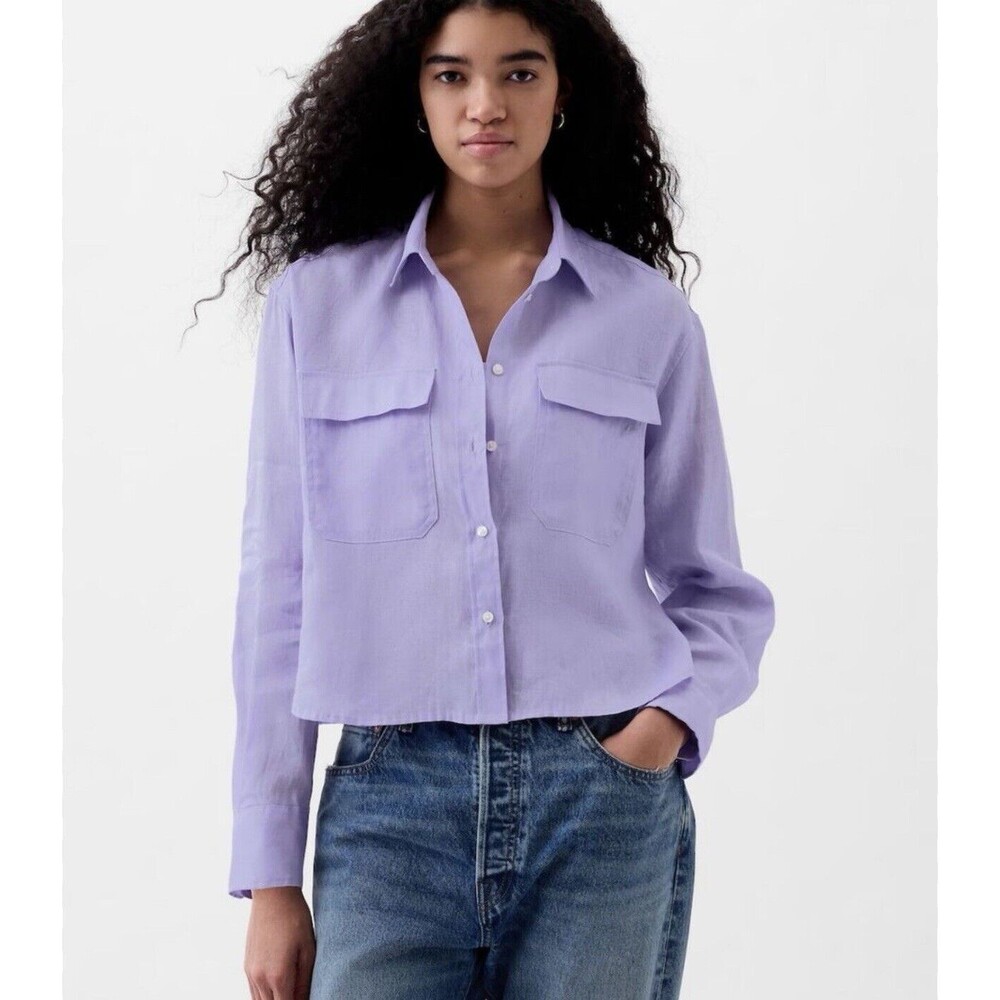 GAP Women Linen Shirt Long Sleeves Cropped Casual Minimalist Classic PURPLE XL